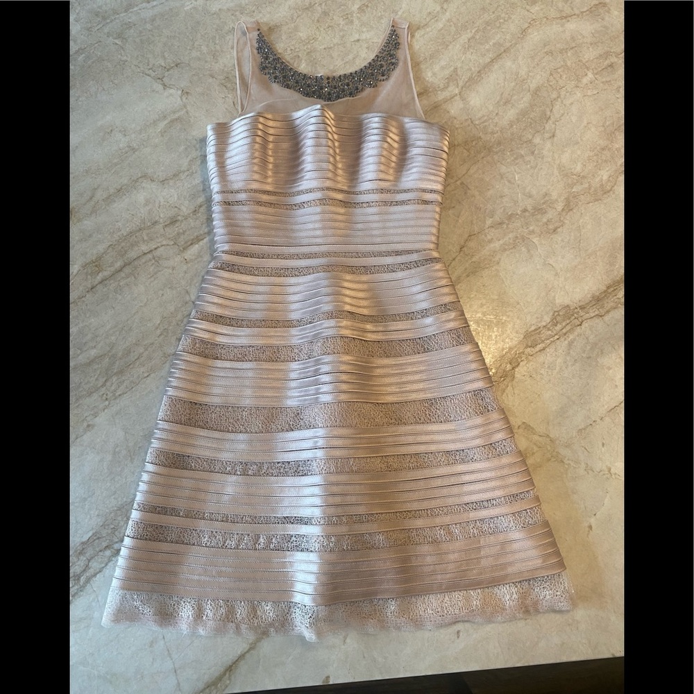 BCBG bodycon champagne dress, perfect for weddings!